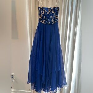 Elegant Blue and Gold Evening Gown